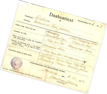 Dåbsattest for E. L. J. Clausen
