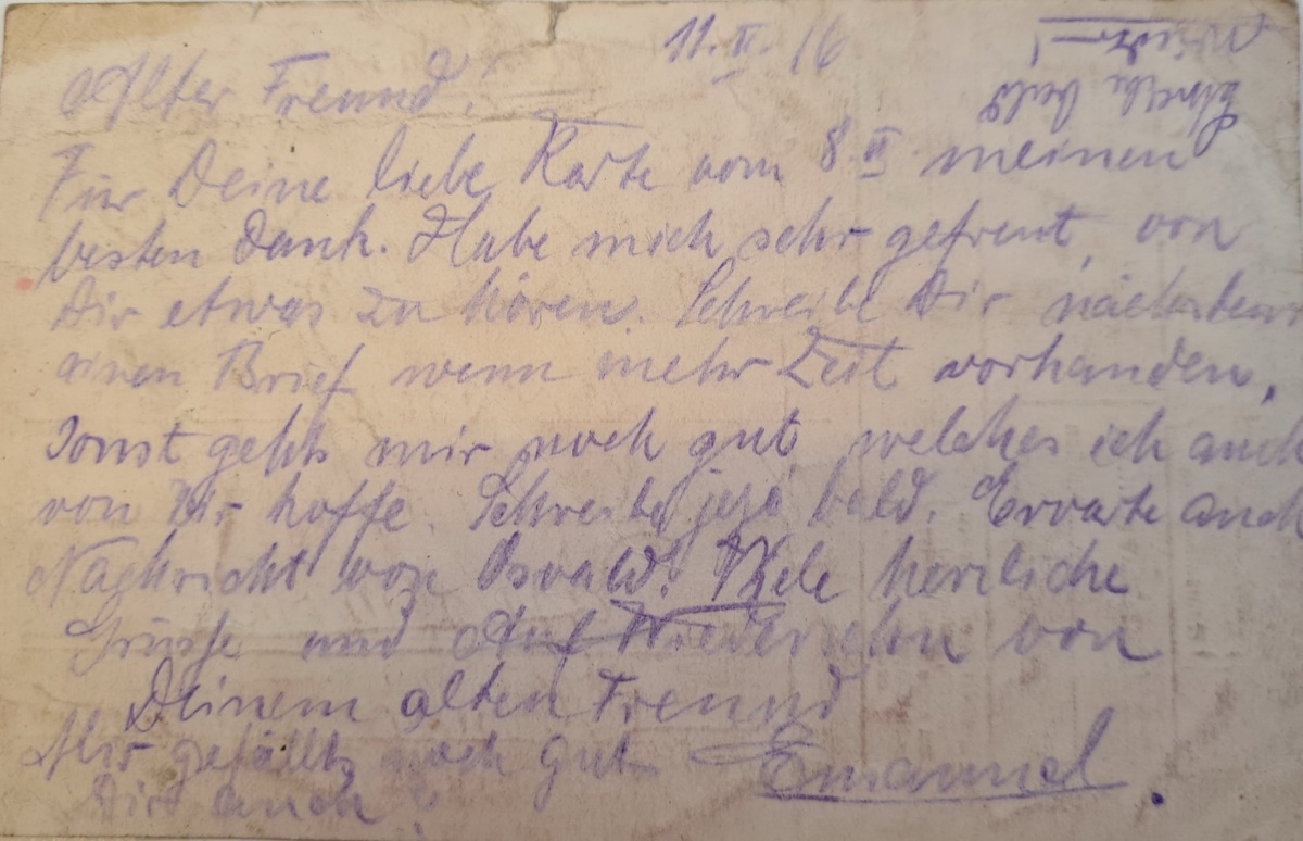 Bagsiden af feltpostkortet, skrevet 11. november 1916 og underskrevet Emanuel