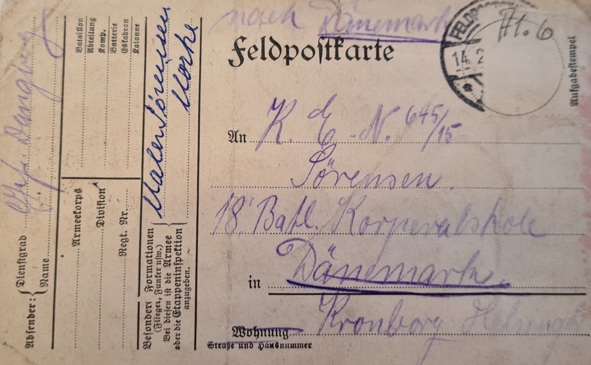 Feltpostkort til Niels fra den tyske ven Emanuel, 1916