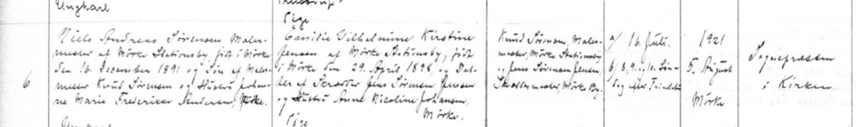 Udskrift fra Mørke Kirkebog: Niels og Emilies vielse, 1921