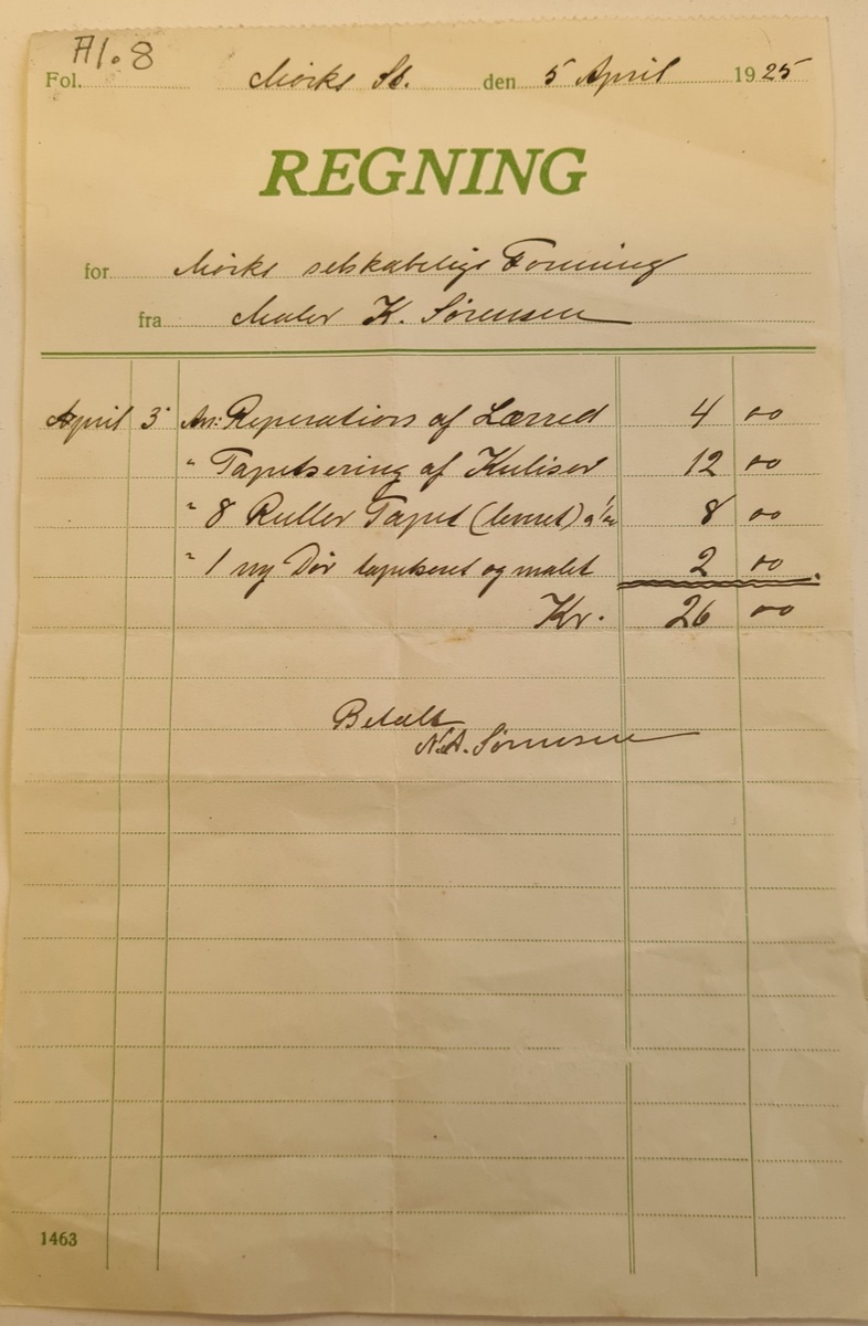 Regning til Mørke Selskabelige Forening, 1925