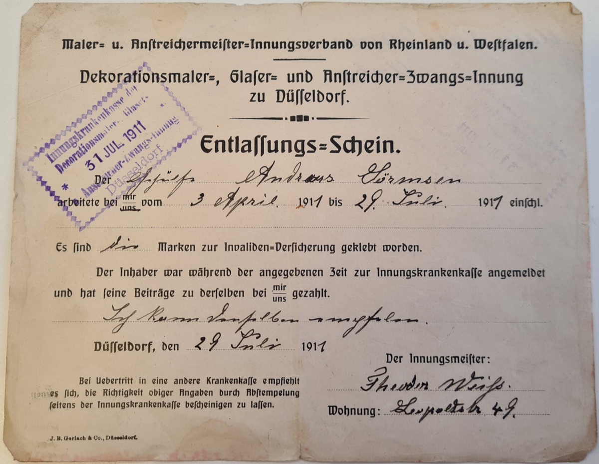 Entlassungs-Schein fra malerlauget i Düsseldorf, 1911