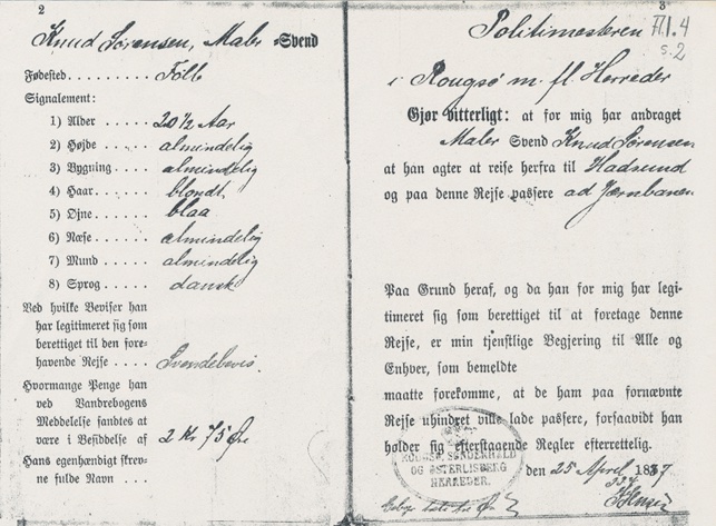Opslag i vandrebogen: Knud Sørensen, 20½ år, udrejst til Hadsund i 1887