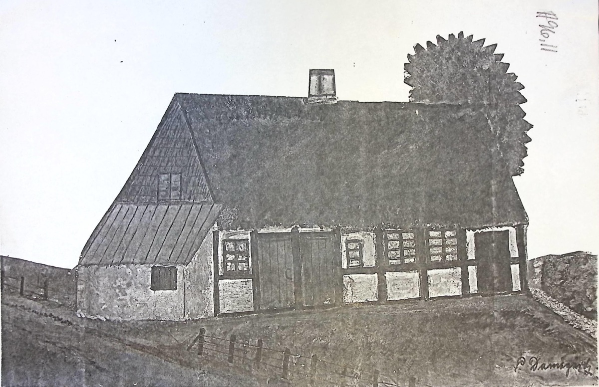 Tegning af et stråtækt hus, signeret P. Damsgård